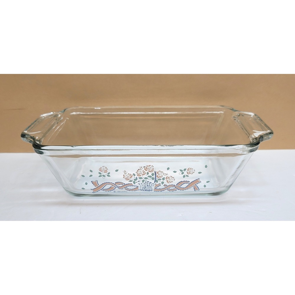 Anchor Hocking Glass Loaf Dish 1.5 Qt Floral Basket Ribbon Vtg 1989 9"x5"x2.75"